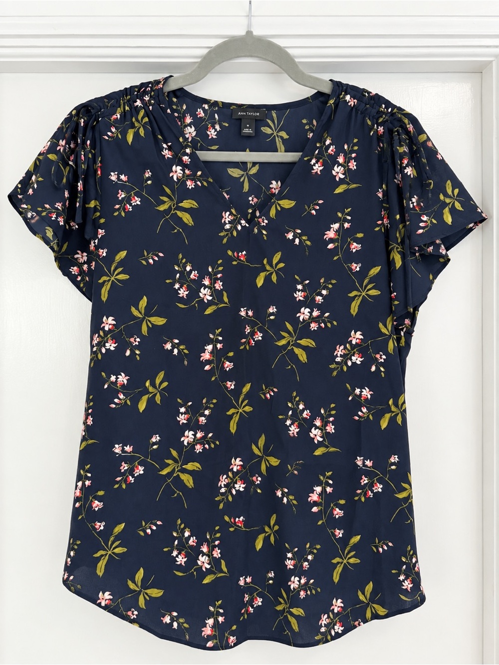Ann Taylor Navy Floral V-Neck Ruffle Sleeve Blouse, Size S